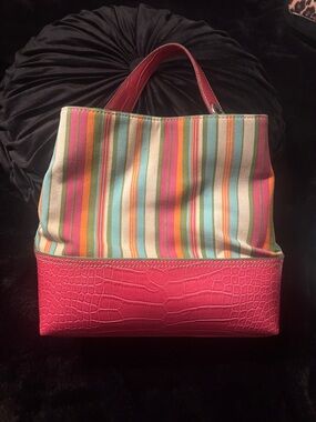 Tommy Hilfiger Multicolor Striped Tote with Pink Croc-Texture Base